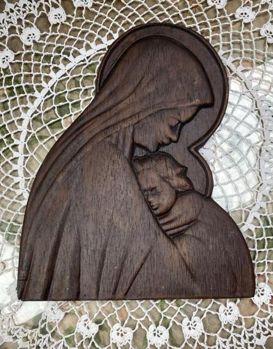Houten Maria met Kind reliëf - Religieuze kunst, Antiek en Kunst, Ophalen of Verzenden