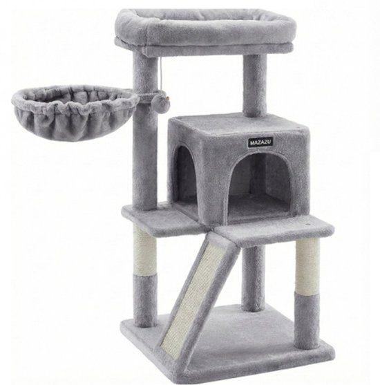 Krabpaal Kat 48x48x96 cm – Lichtgrijs – Met Trap & Huisje, Ophalen, Zo goed als nieuw, Krabpaal
