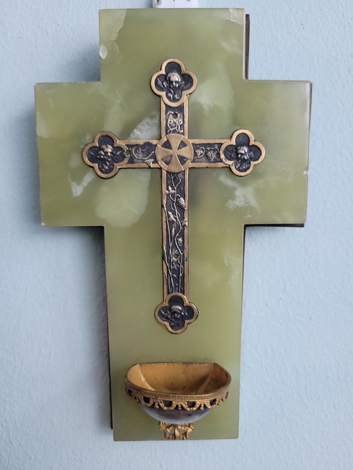 Antiek Franse Crucifix, onyx en brons, wijwaterbakje, Antiek en Kunst, Ophalen of Verzenden