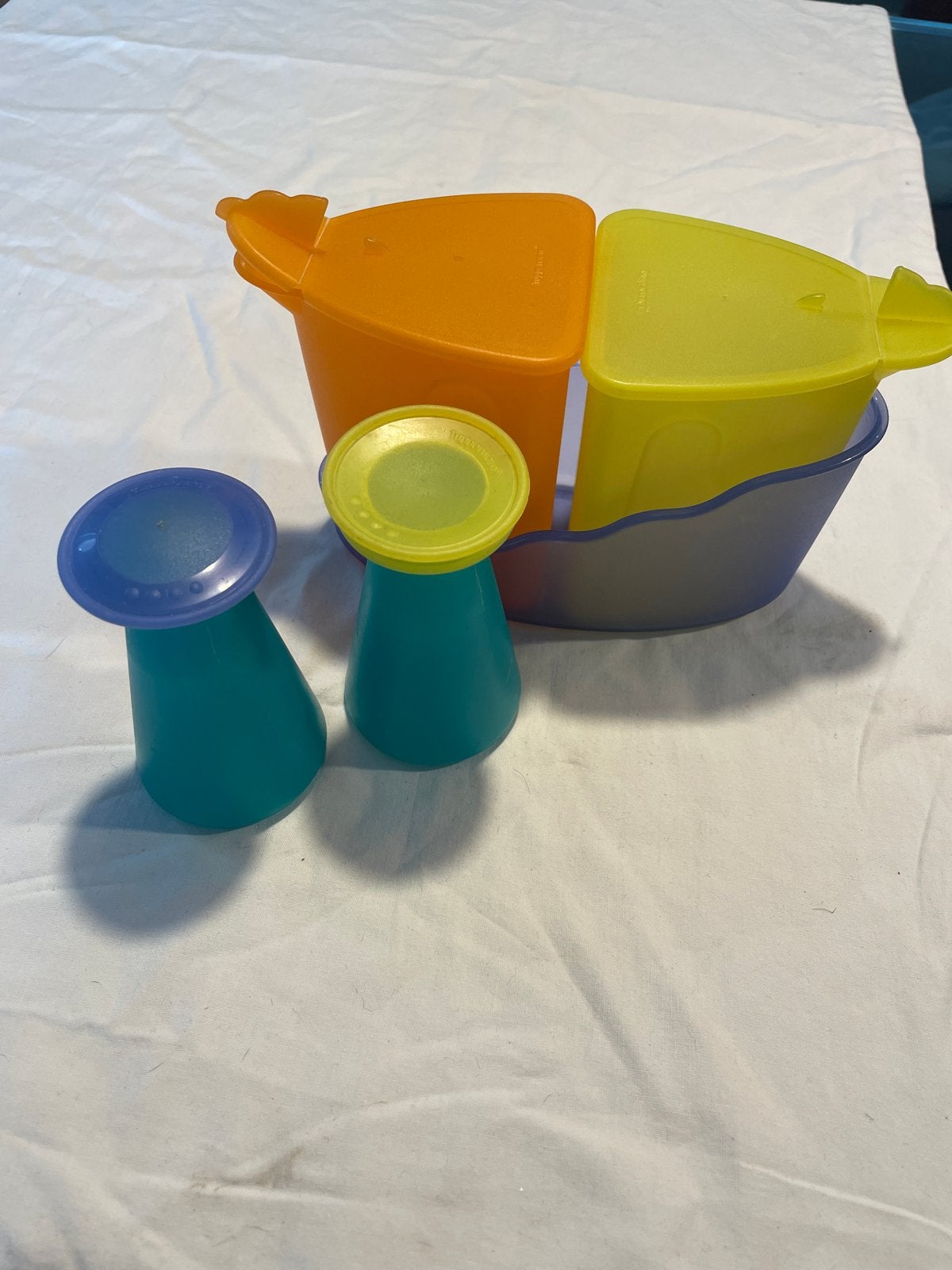Tupperware set: peper en zout en beleg of suiker/melk., Gebruikt, Overige kleuren, Beker of Kan, Ophalen of Verzenden