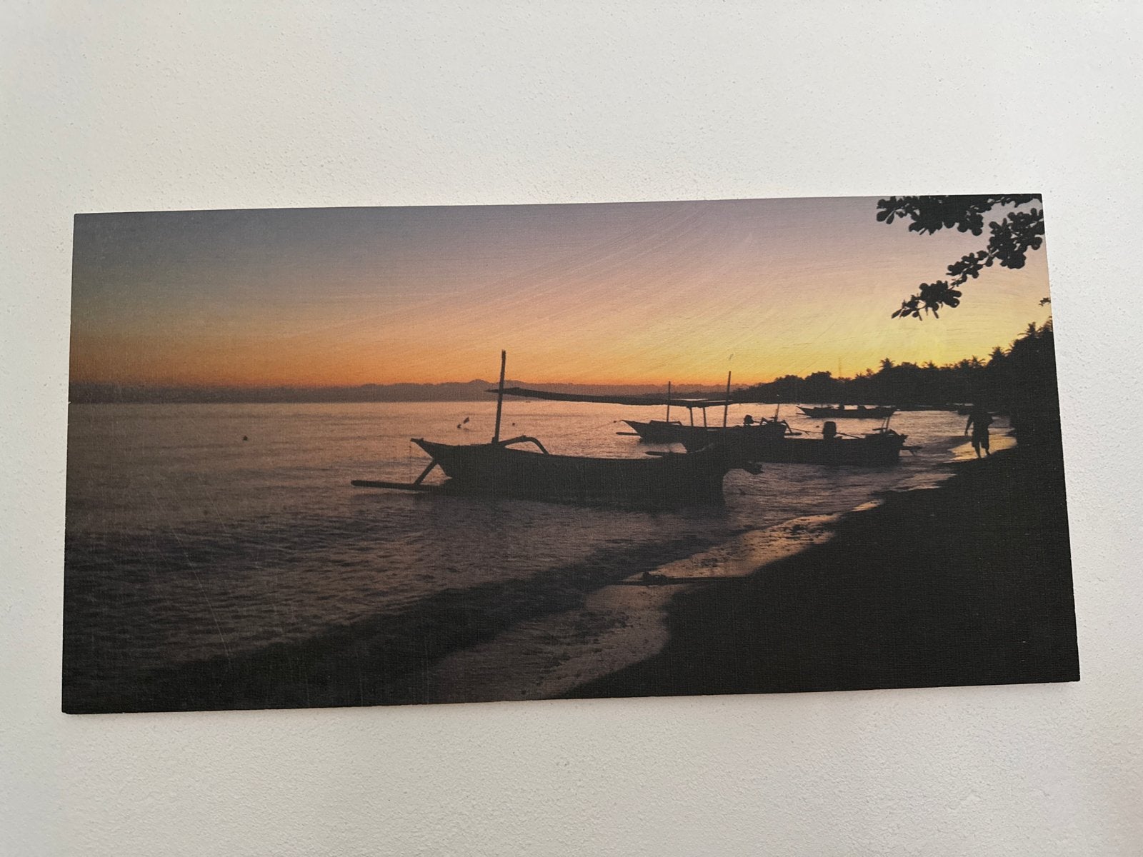 Houten wanddecoratie zonsondergang met boten 60x30 cm, Overige typen, Nieuw, Ophalen of Verzenden, 5 – 50