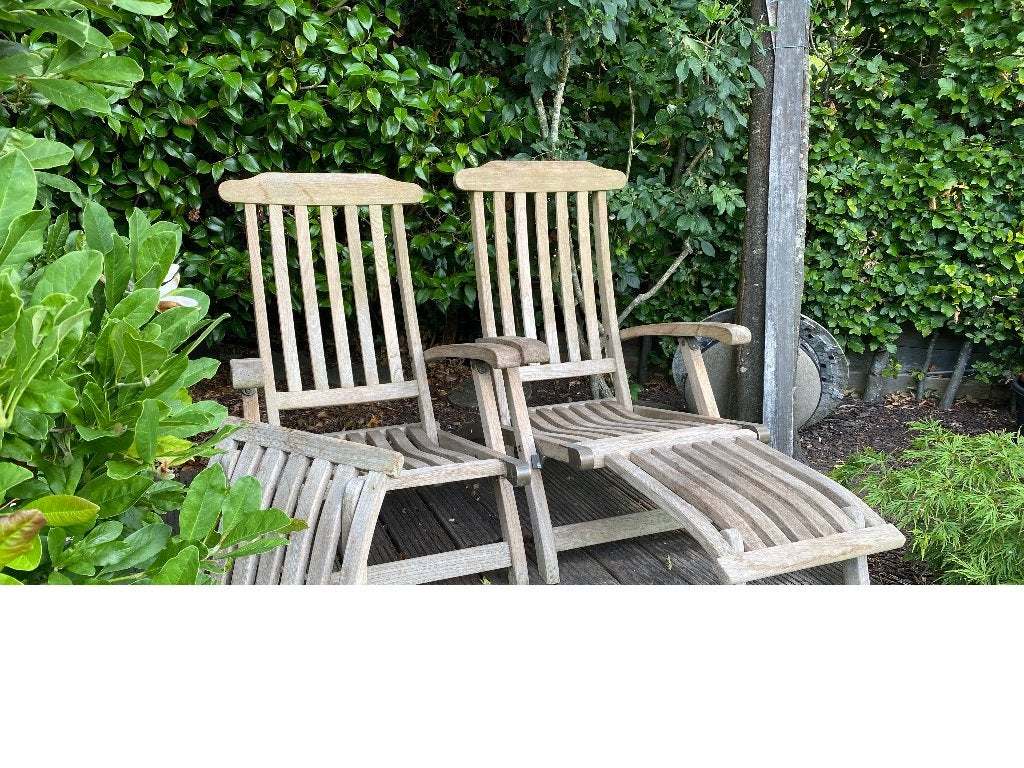 2 teak and garden deck chairs, Ophalen, Gebruikt, Teakhout, Inklapbaar