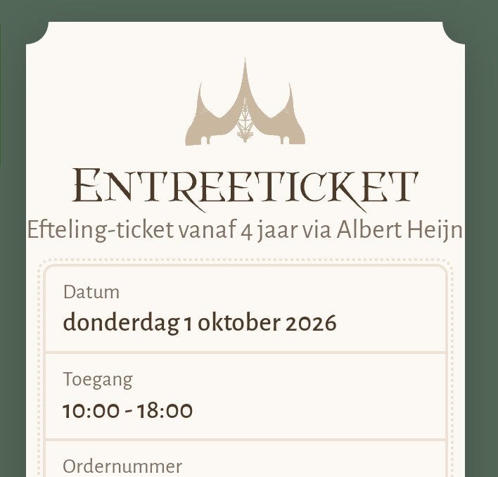 ticket Efteling, datum is aanpasbaar, Tickets en Kaartjes, Eén persoon, Ticket of Toegangskaart