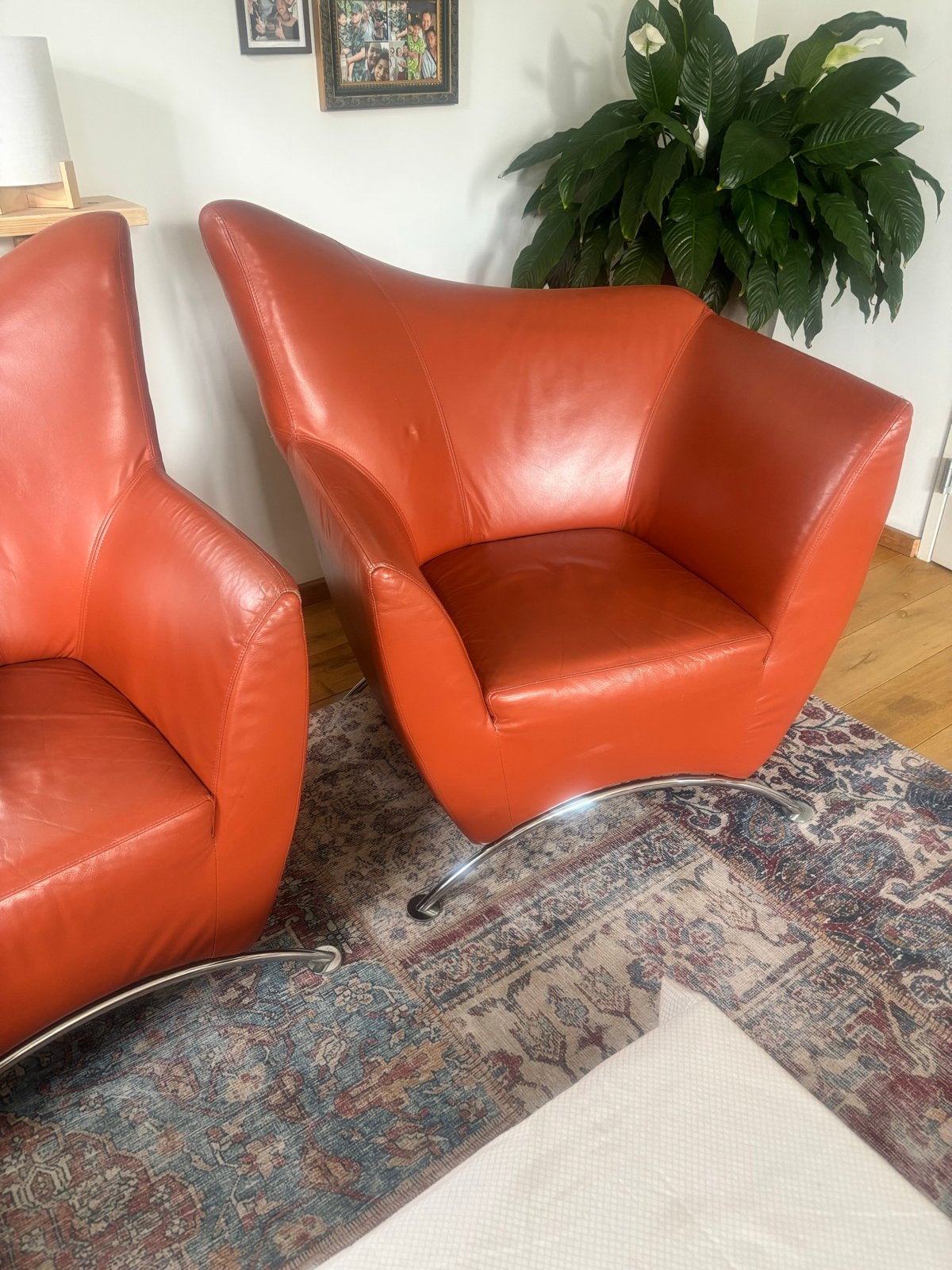 2x Oranje Leren Fauteuils - Modern Design, Gebruikt, Twee, Overige kleuren, Leer