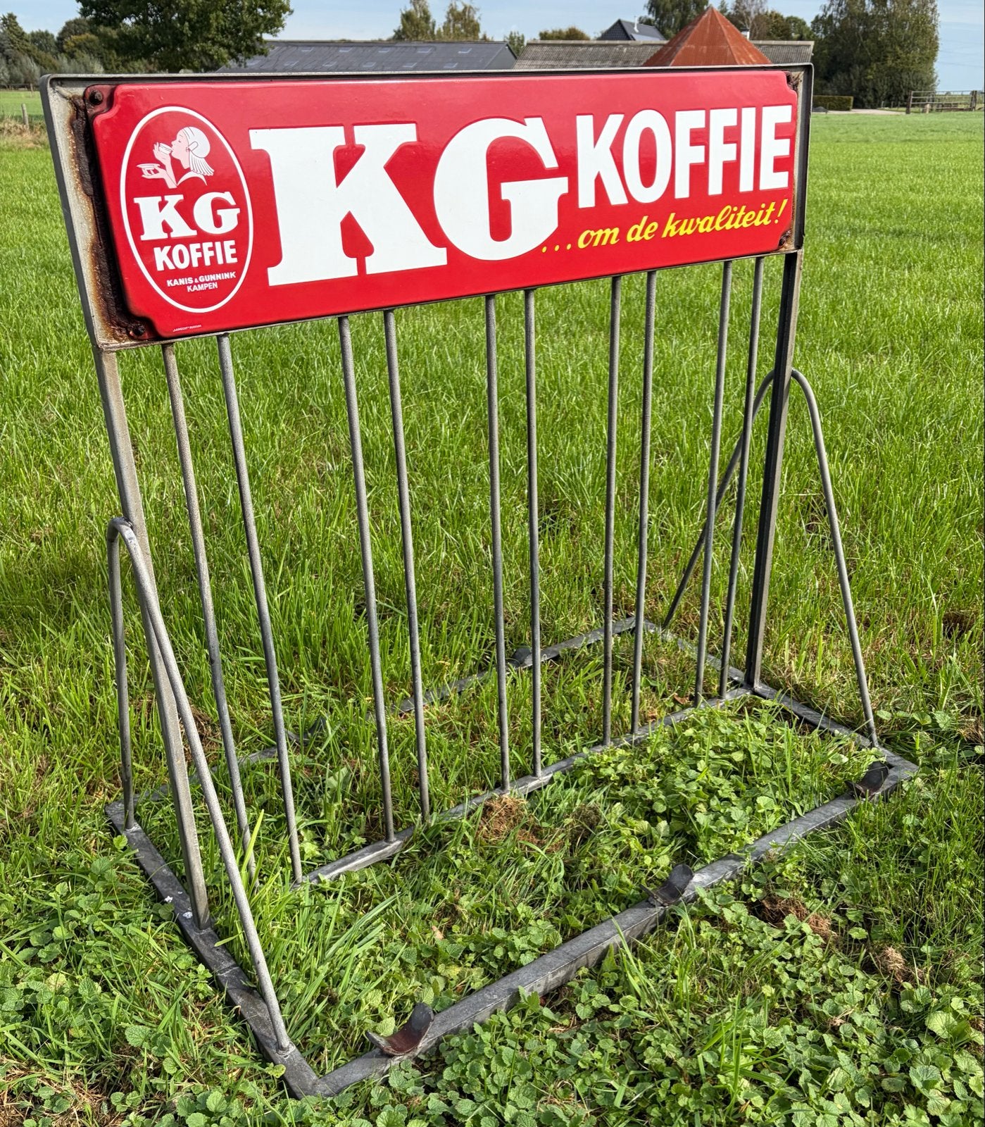 Emaille Reclamebord fietsenrek KG Koffie/Thee, Ophalen of Verzenden, Gebruikt, Reclamebord