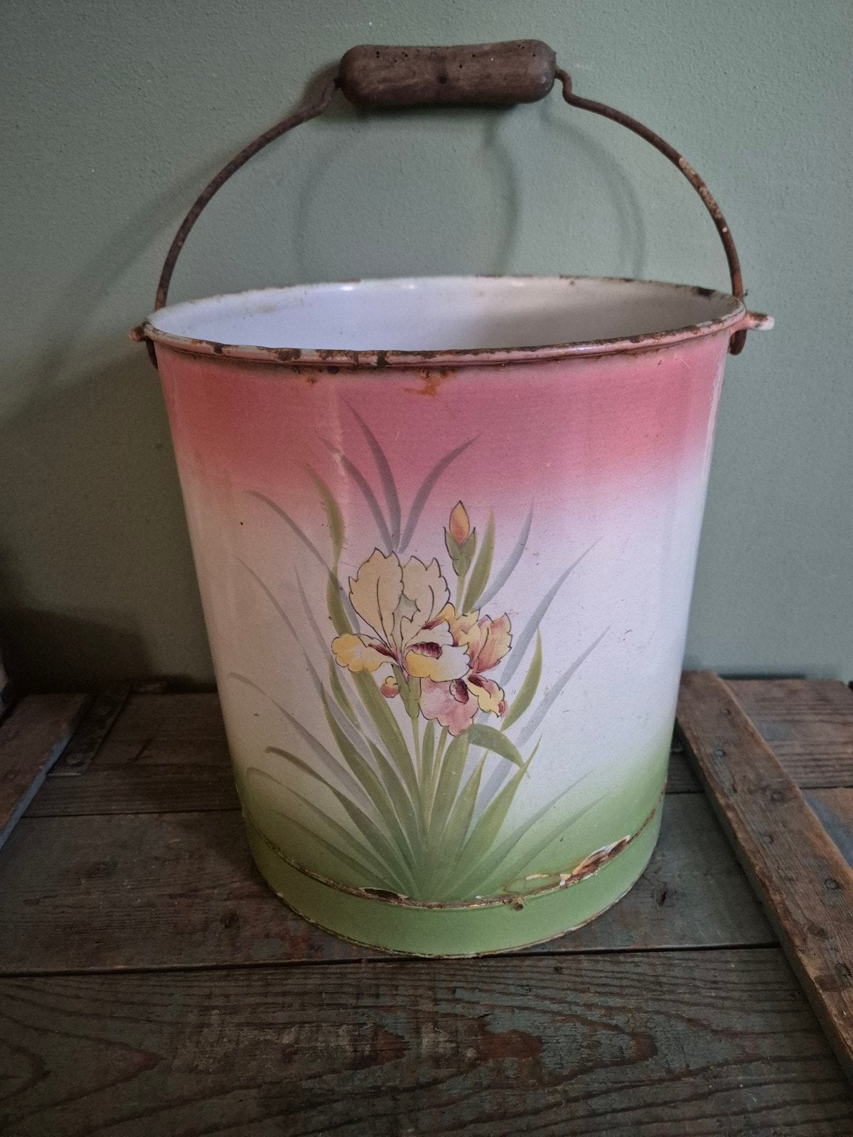 franse emaille emmer roze groen wit, Antiek en Kunst, Ophalen of Verzenden