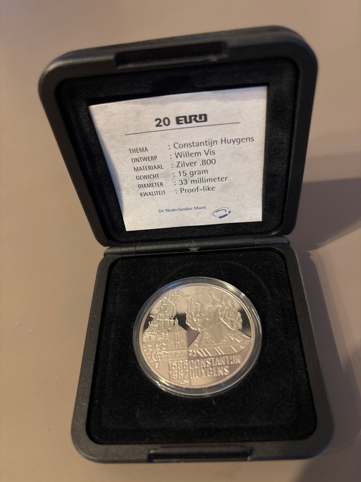 Zilveren 20 Euro munt Constantijn Huygens 1996 Proof-like, Koningin Beatrix, Zilver, Euro's, Ophalen of Verzenden