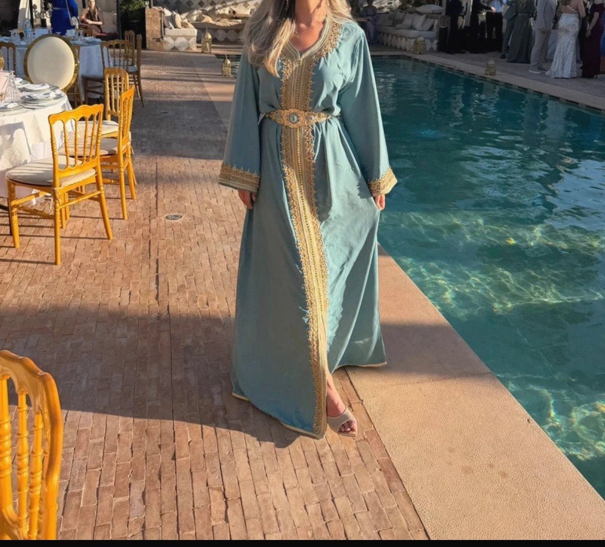 Kaftan marrokaanse jurk turquoise, Ophalen of Verzenden, Zo goed als nieuw, Blauw, Onder de knie