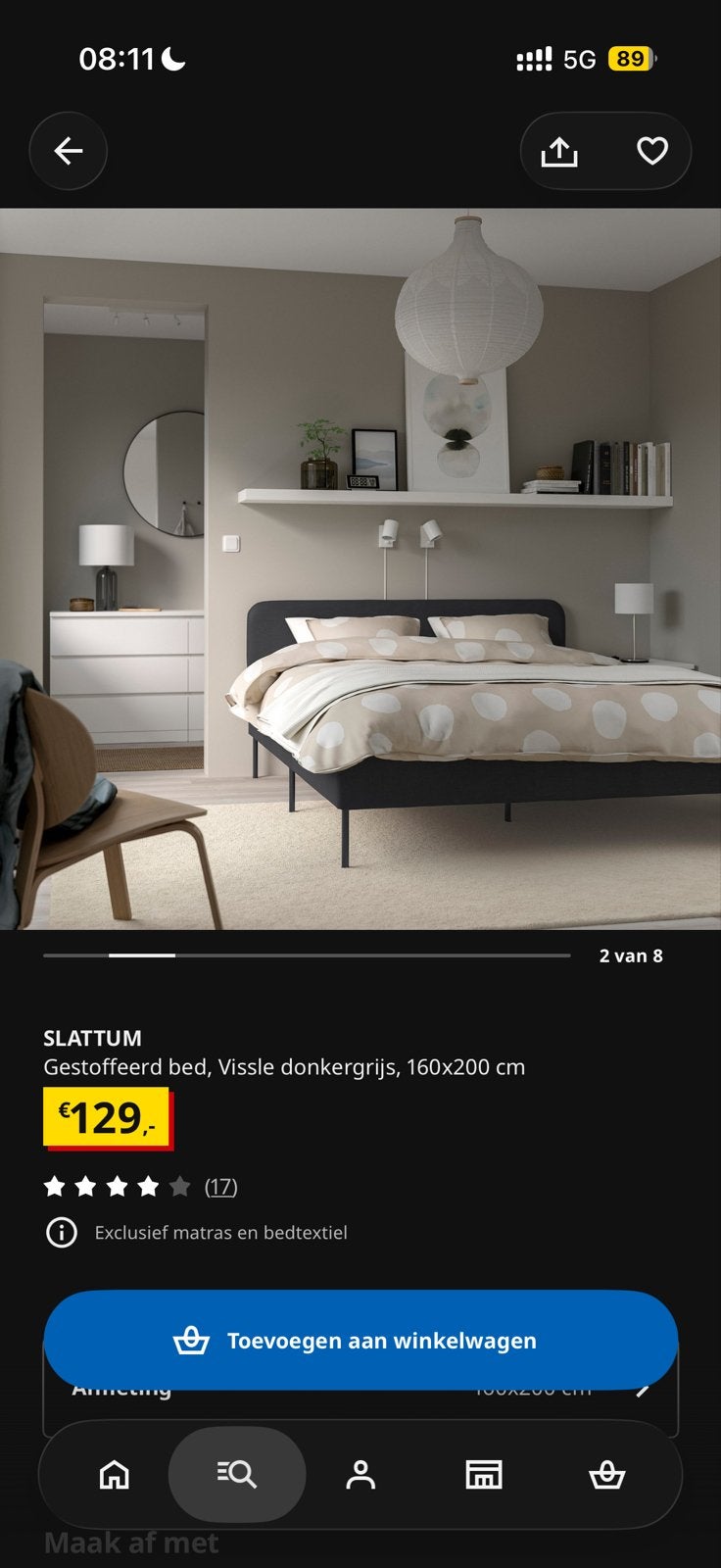 IKEA SLATTUM gestoffeerd bed, lichtgrijs, 160x200 cm, Ophalen, Gebruikt, Tweepersoons, 200 cm