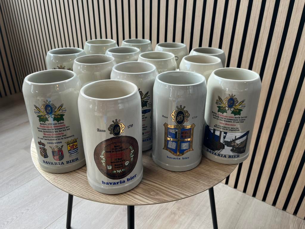 Verzameling van 14 bierpullen Bavaria jubileum pul, Ophalen of Verzenden, Zo goed als nieuw, Bierglas