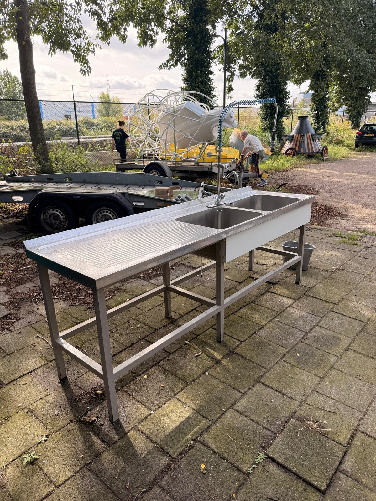 RVS Dubbele Spoeltafel 240cm met Horeca Spoeldouche, Ophalen, Gebruikt