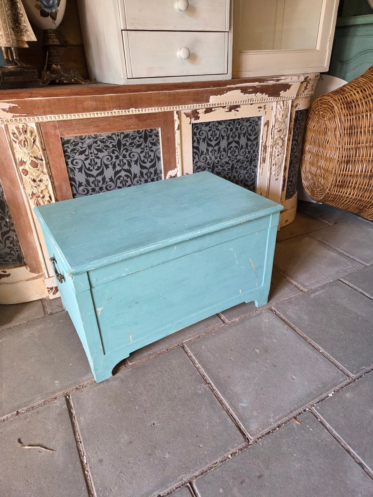 Vintage houten kist in turquoise, Ophalen of Verzenden