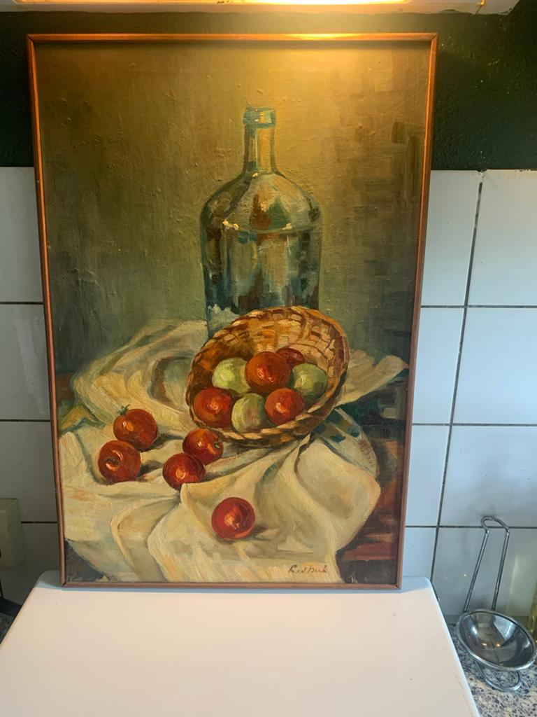 Stilleven met fles en fruit - Olieverfschilderij, Antiek en Kunst, Kunst | Schilderijen | Klassiek, Ophalen