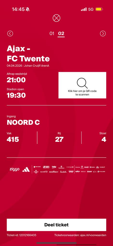 Kaartjes ajax-fc twente 4 april, Tickets en Kaartjes, Twee personen, April
