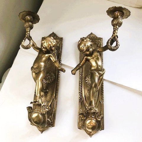 Wandkandelaars brons putti engel cherubijn antiek  ✨😍🤗👌, Ophalen of Verzenden, Brons