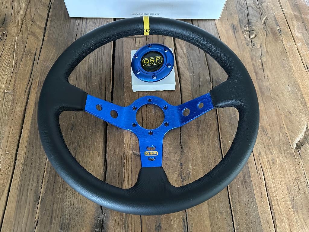 QSP 350mm 90mm leder blauw sportstuur autostuur stuur, Ophalen of Verzenden