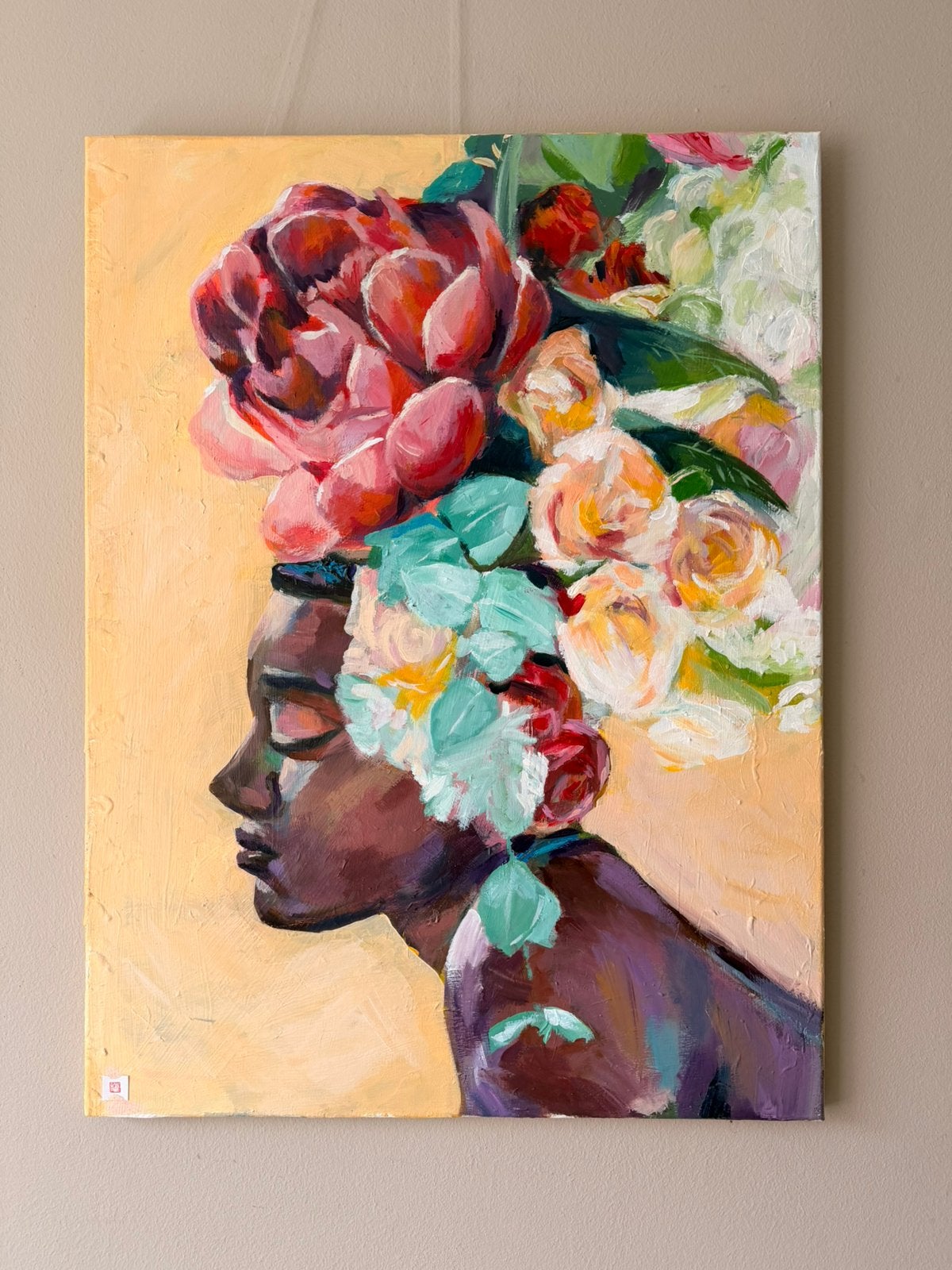 Schilderij Canvas ‘Flower House’ - handgeschilderd, Antiek en Kunst, Ophalen of Verzenden, Overige materialen, Handgeschilderd