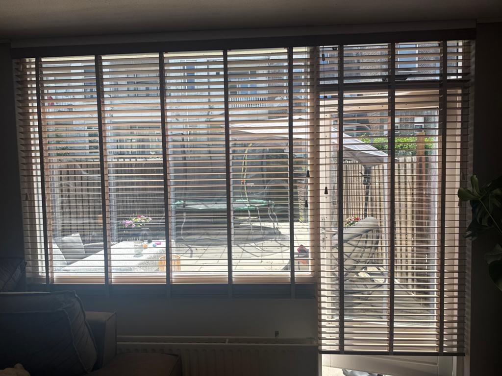 Timberlux abachi jaloezieën met ladderband - Licht Taupe, Ophalen, Zo goed als nieuw, Bruin
