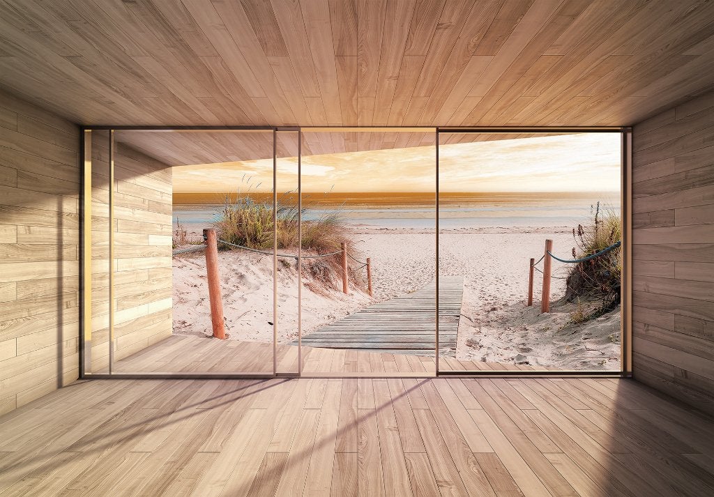 Strand fotobehang 3D Strandpad, Fotobehang4you, Huis en Inrichting, Stoffering | Behang, Verzenden, Fotobehang, Romantisch