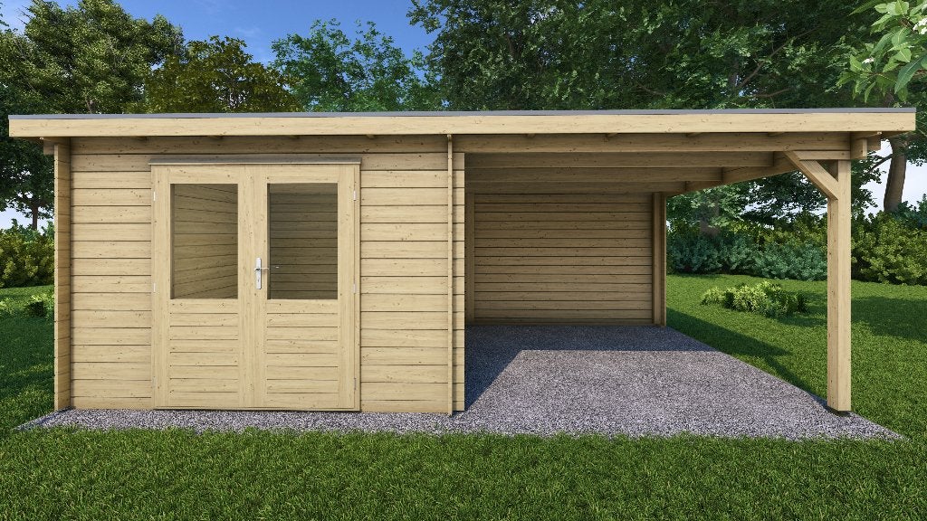Fonteyn Basicline Blokhut Met Overkapping 600cm x 300cm, Tuin en Terras, Tuinhuizen, 200 tot 400 cm, Blokhut, Nieuw, Ophalen of Verzenden