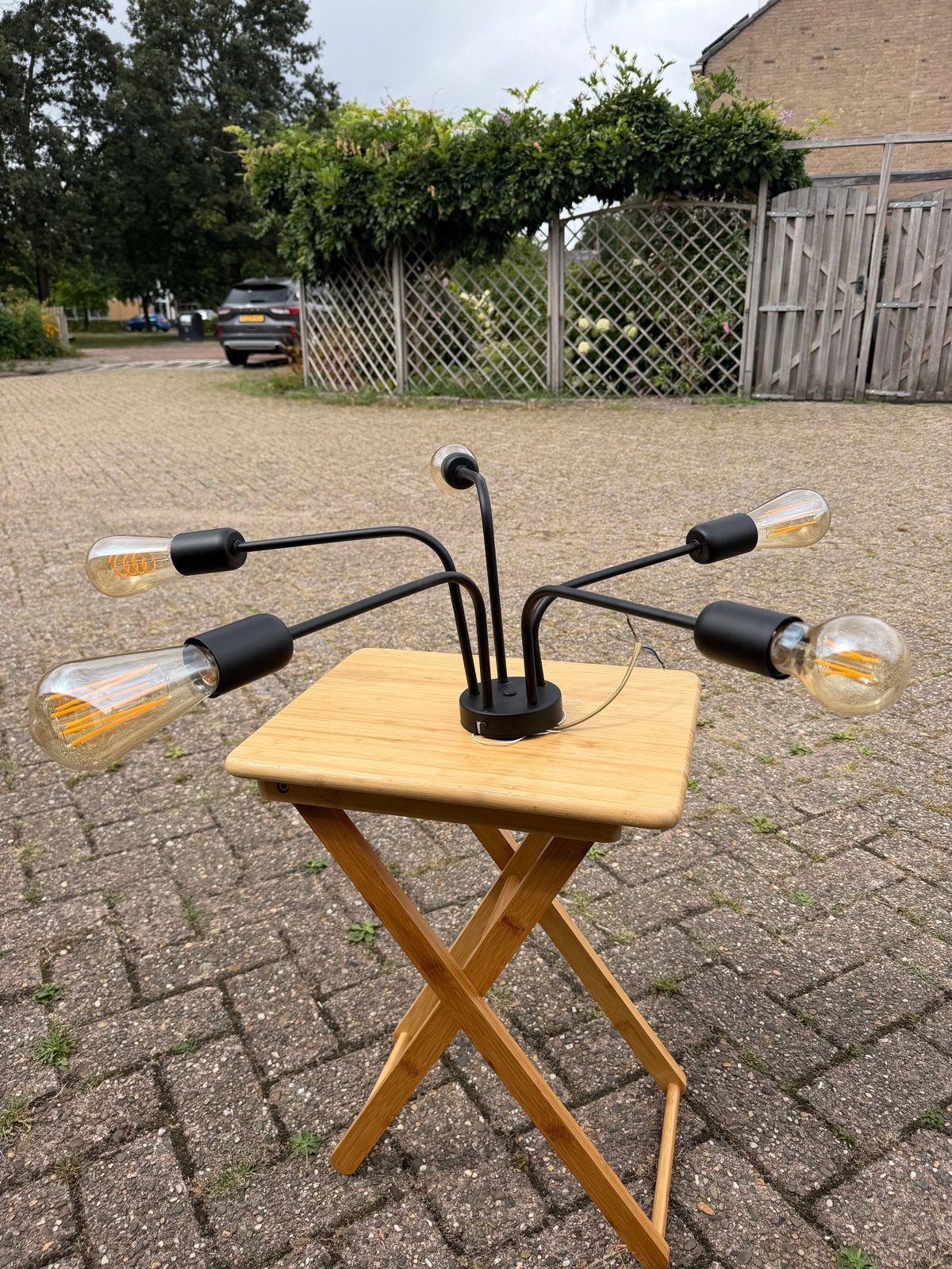 Prachtige industriële hanglamp met 5 lichtpunten, Ophalen, Zo goed als nieuw, Metaal, E27 (groot)
