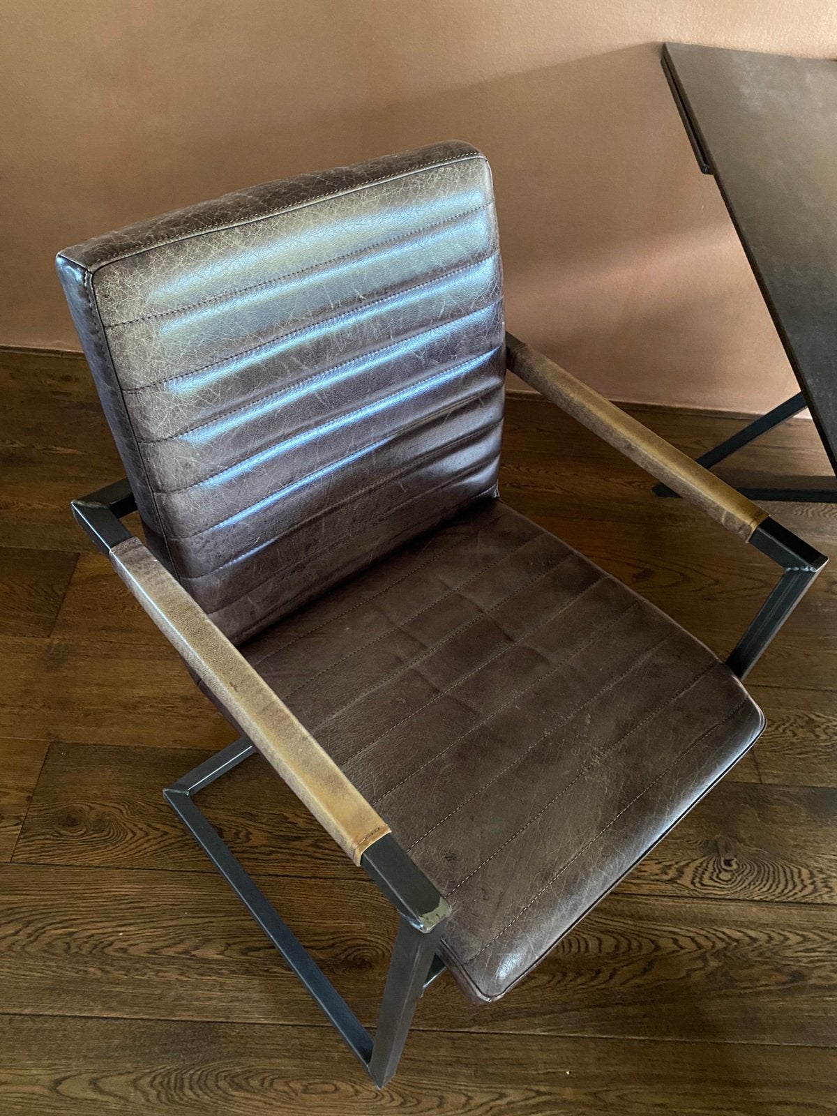 4 buffelleren industriele stoelen, Huis en Inrichting, Stoelen, Ophalen, Bruin, Leer, Zo goed als nieuw