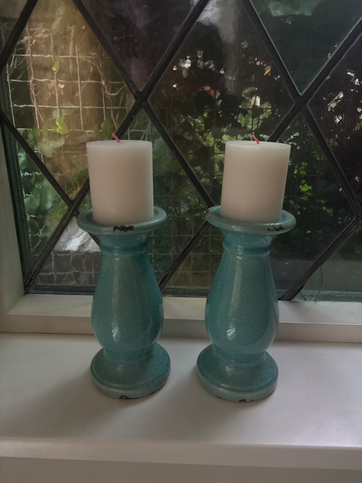 Set van 2 turquoise kandelaars, Overige materialen, Gebruikt, Overige kleuren, Ophalen of Verzenden