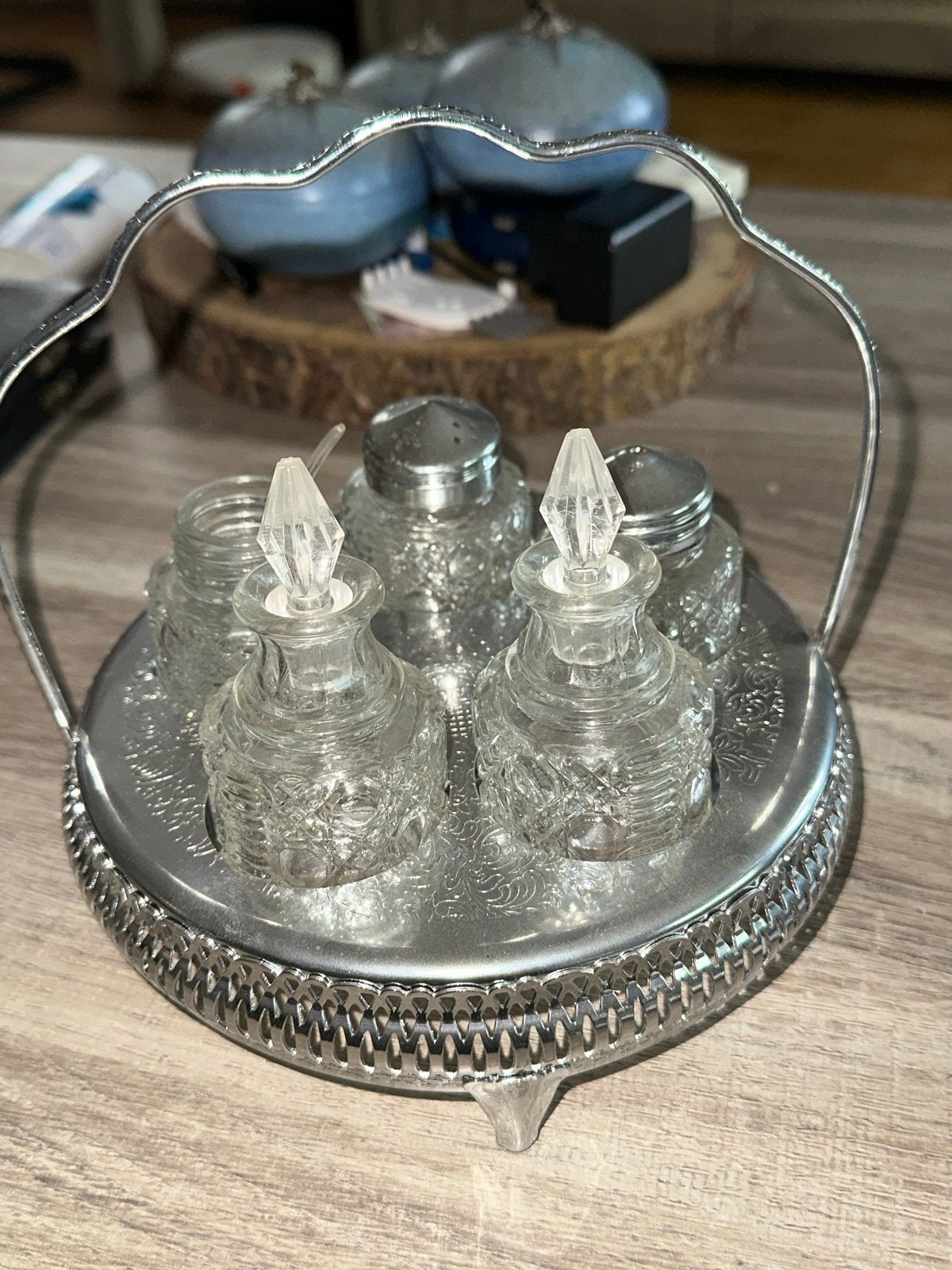 Vintage Peper- en Zoutstel van Glas met Lepel op Dienblad, Ophalen