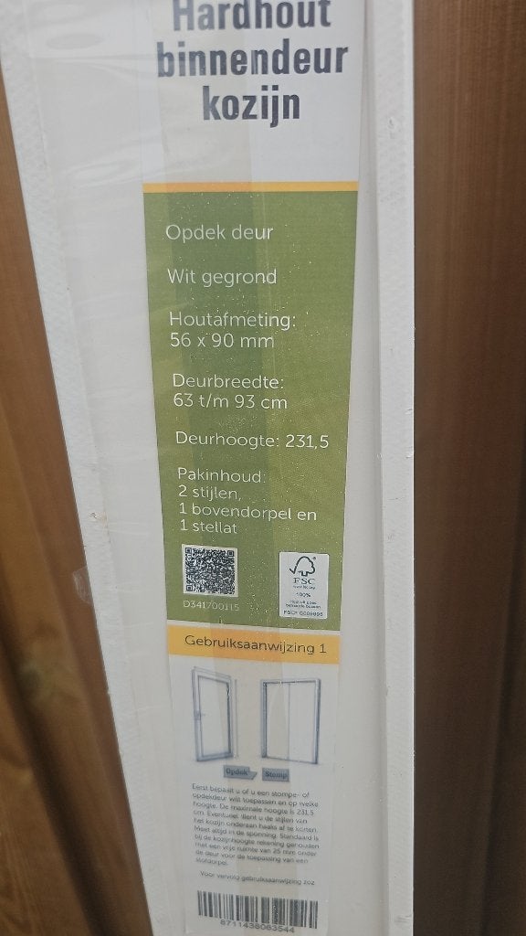 Hardhout binnendeur kozijn en deur, Doe-het-zelf en Verbouw, Ophalen, 80 tot 100 cm, Binnendeur, Nieuw