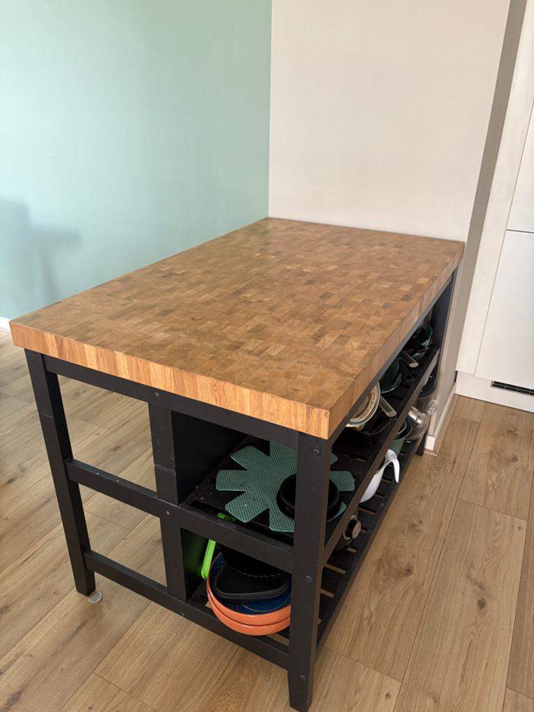 IKEA VADHOLMA Keukeneiland met houten blad, Ophalen, 100 tot 150 cm, 75 cm of meer, Zwart