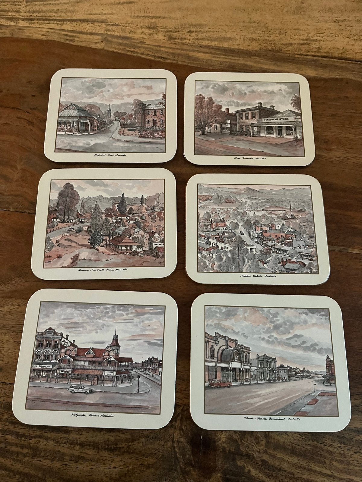 Set van 6 vintage onderzetters 'Country Towns' van Jason, Vintage, Gebruikt, Meerkleurig, Overige materialen