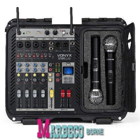 Power mixer in ABS case, 6-kanaals met 2 UHF microfoons, Audio, Tv en Foto, Info@marbeco.com, Vonyx, Nieuw, Complete set