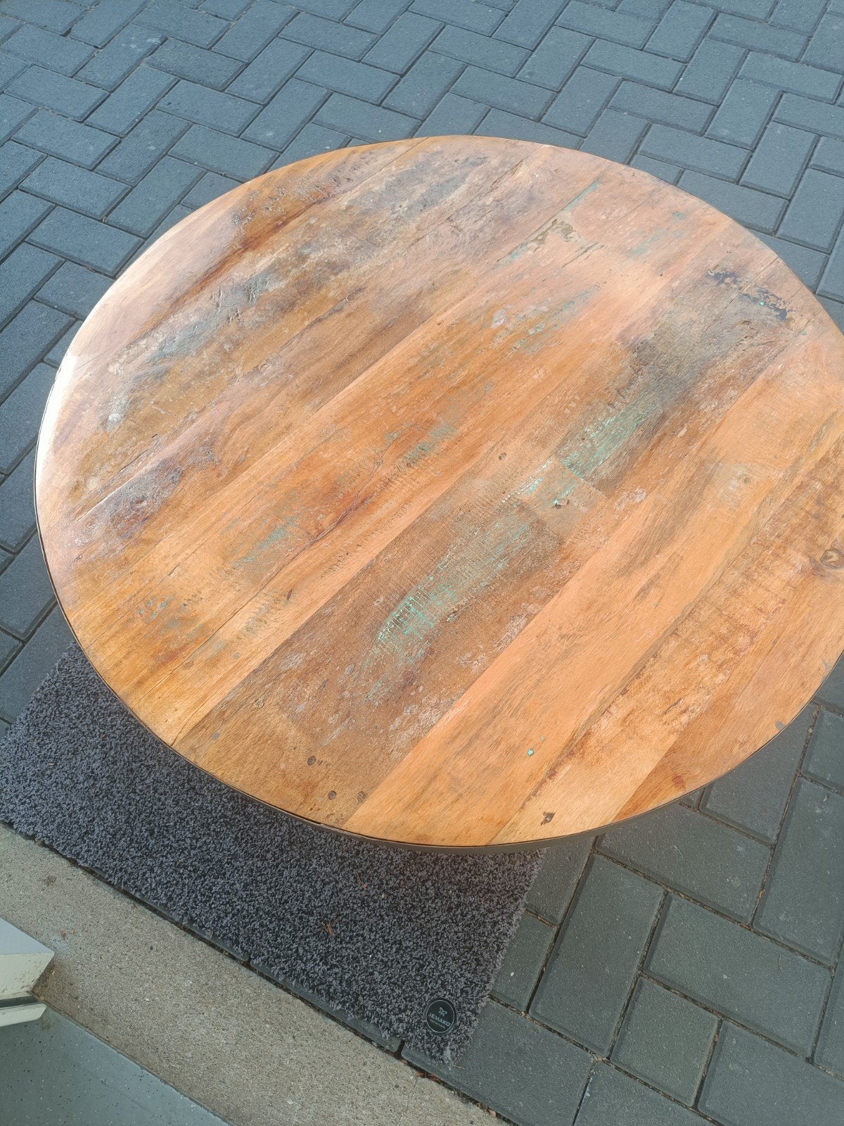 Unieke ronde salontafel van metaal en  mango hout, Gebruikt, 50 tot 100 cm, Rond, 50 tot 100 cm