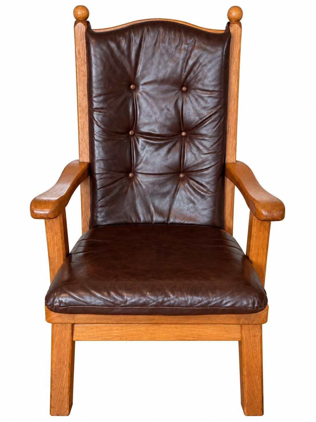Robuuste houten stoel met bruin leren bekleding, Ophalen