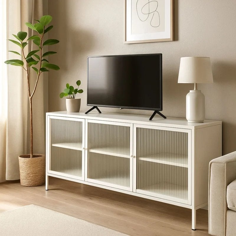 Dressoir Luca met geribbeld glazen deurtjes  - 50x120x42 cm, Huis en Inrichting, Ophalen, 150 tot 200 cm, Nieuw, Metaal