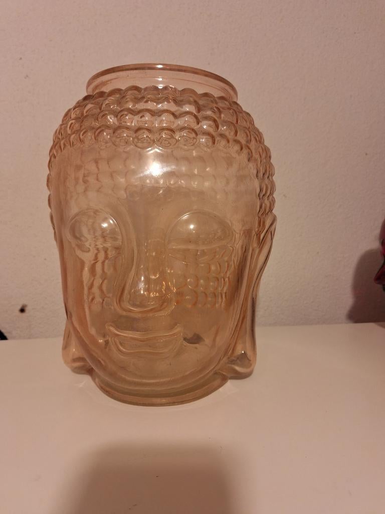 Boeddha Hoofd Vaas - Roze Glas, Ophalen of Verzenden, Zo goed als nieuw, Overige kleuren, Glas