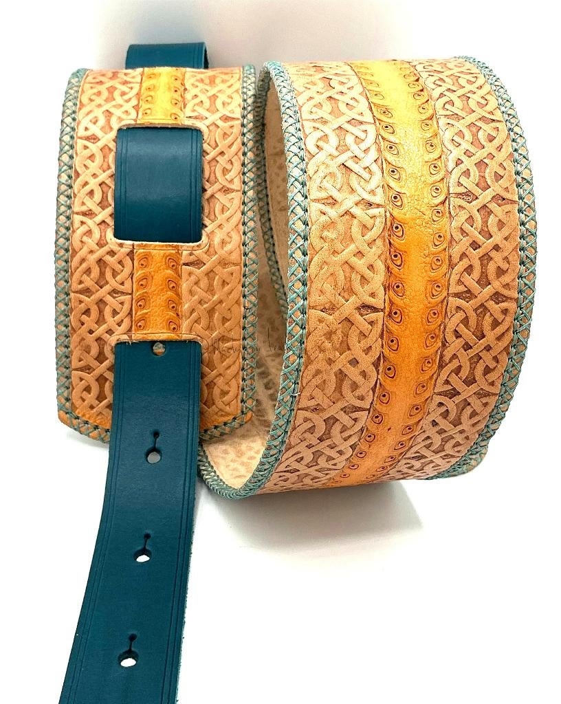 Gitaarband leer GB018 beige petrol 173 cm celtic strap, Verzenden, Nieuw, Akoestische gitaar