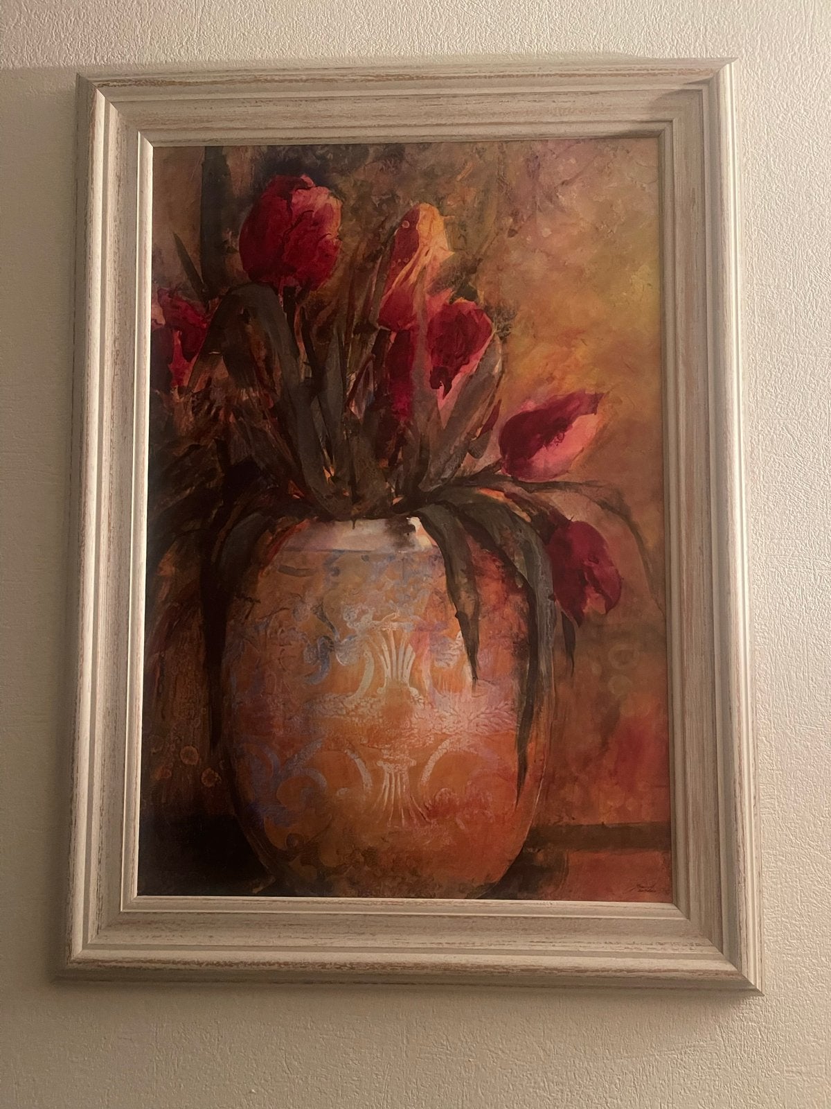 Schilderij met rode tulpen in vaas, Doek, Realistisch, Olieverf, Ingelijst