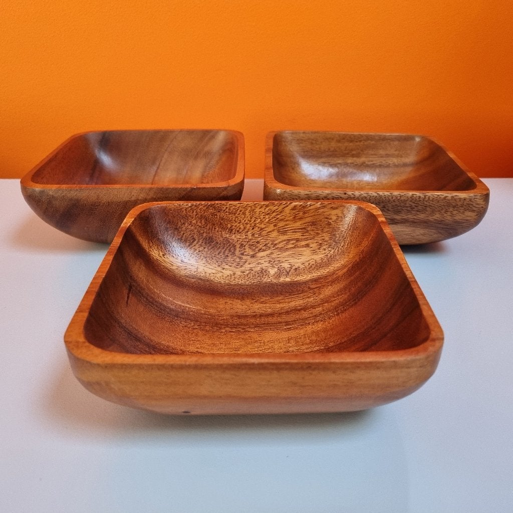 3x vintage teak houten schaaltjes 70s, Huis en Inrichting, Schaal, Verzenden, Vierkant, Zo goed als nieuw