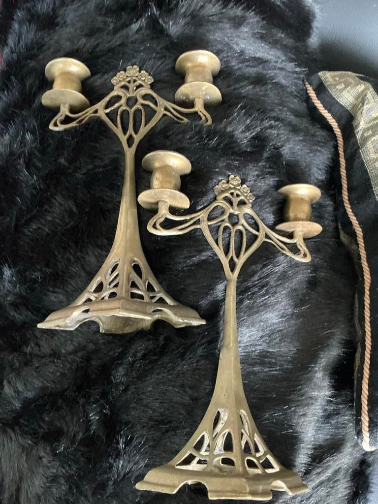 Set van 2 Bronzen Art Deco Kandelaars, Antiek en Kunst, Antiek | Kandelaars, Verzenden, Koper of Brons