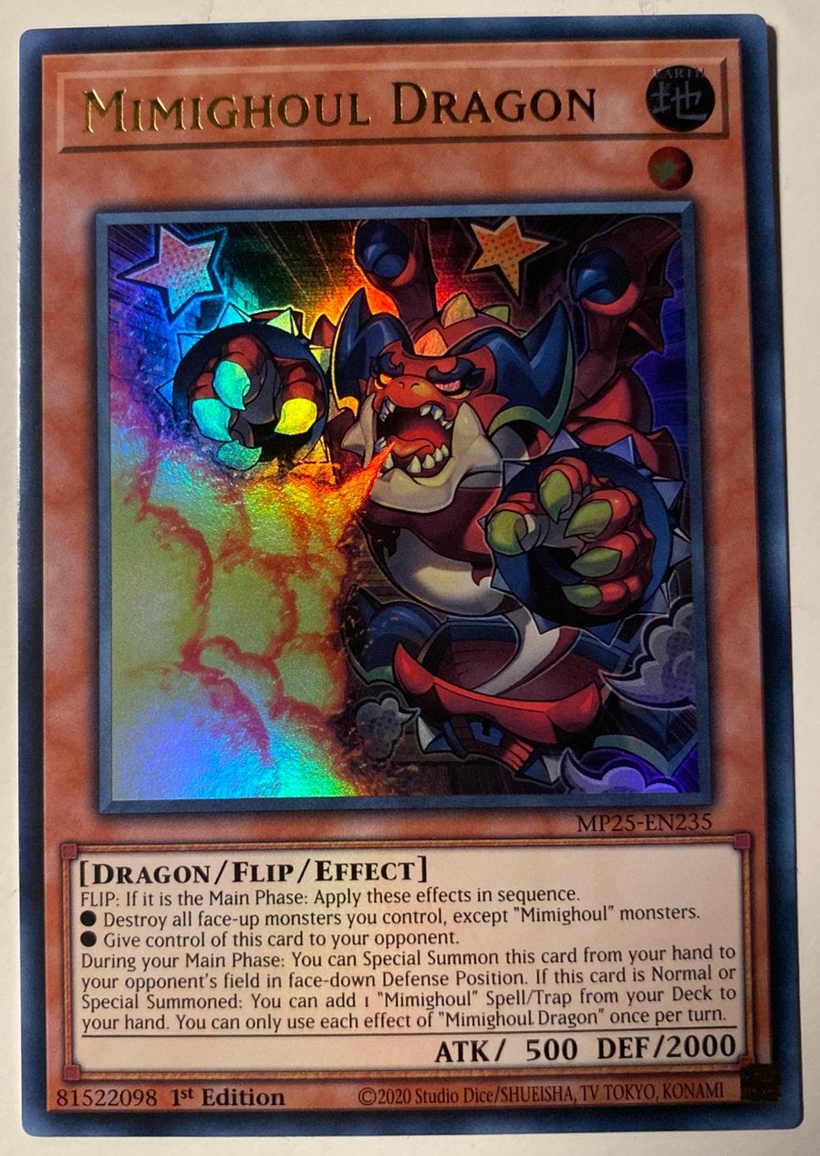 Yu-Gi-Oh! Mimighoul Dragon MP25 1st Edition !, Ophalen of Verzenden, Zo goed als nieuw, Losse kaart, Foil