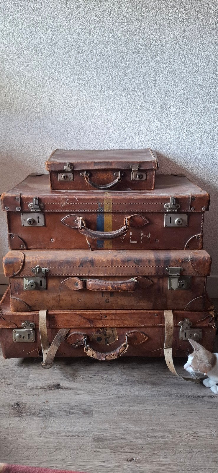 Set van 4 vintage leren koffers, Ophalen, 30 cm of meer, Gebruikt, Bruin