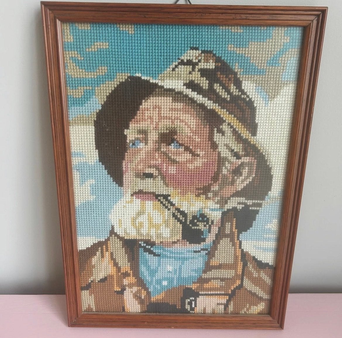 Vintage Gobelin Schilderij: Oude Visser met Pijp, Doek, Portret of Personen, Overige technieken, Ophalen of Verzenden