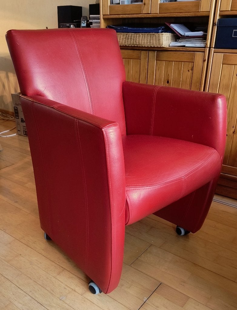 5 Rode leren verrijdbare (eetkamer-) stoelen in goede staat, Ophalen, Gebruikt, Rood, Vijf, Zes of meer stoelen
