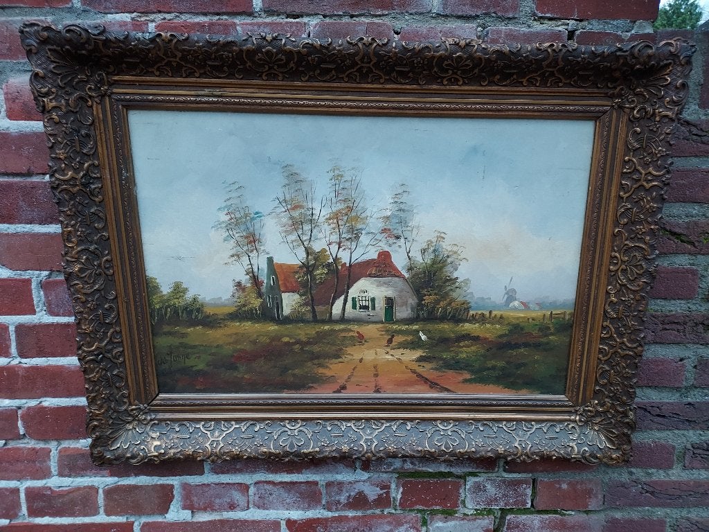 Schilderij, landschap met boerderij en kippen., Ophalen, Nederlandse school, Doek, Olieverf