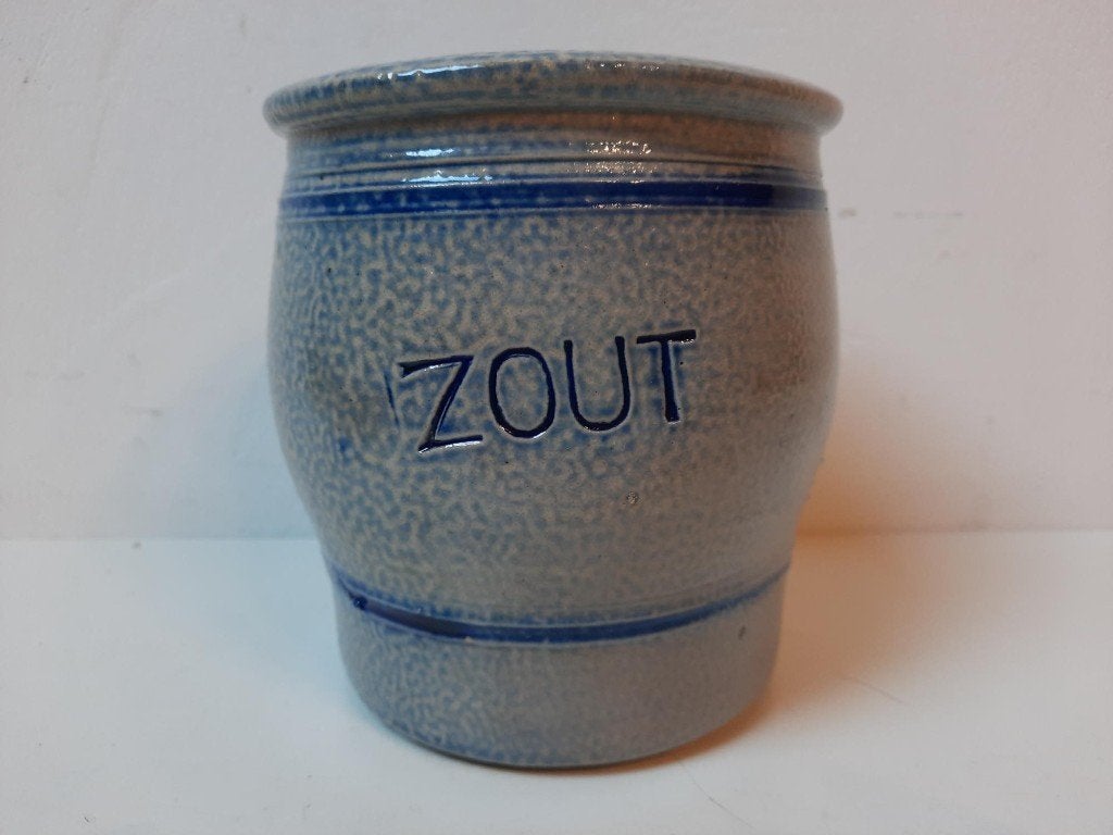Vintage Zout Pot van Steengoed - Blauw en Grijs, Ophalen of Verzenden