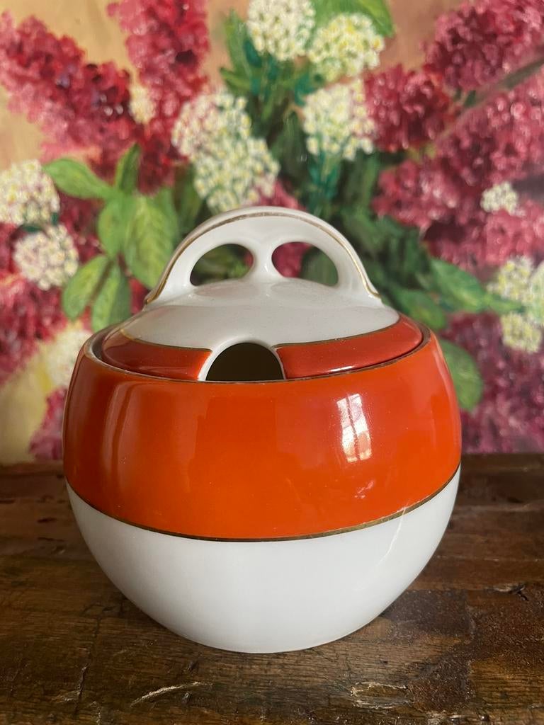 1 oranje/ witte suikerpot met goudrandje wed. L de Jong, Ophalen of Verzenden, Zo goed als nieuw, Overige stijlen, Overige typen