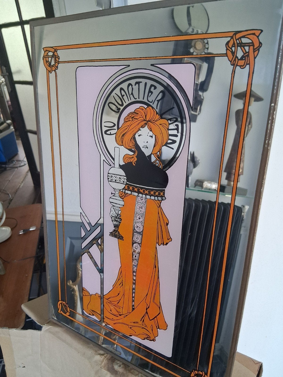 Alphense Mucha spiegel - 'Au Quartier Latin', Ophalen of Verzenden, Rechthoekig, Minder dan 50 cm, Minder dan 100 cm