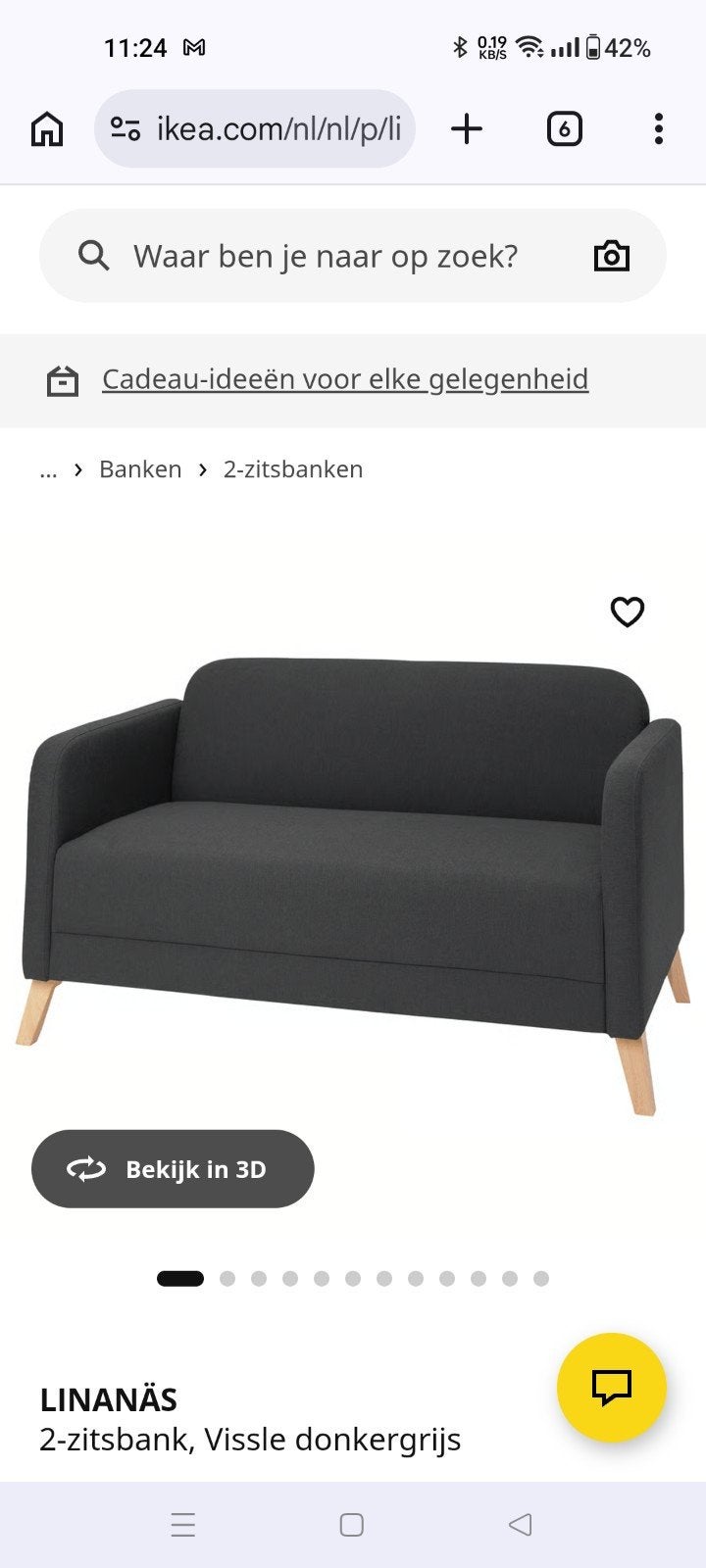 IKEA LINANÄS 2-zitsbank Vissle donkergrijs, Ophalen, Modern, Compact, 150 tot 200 cm, Tweepersoons