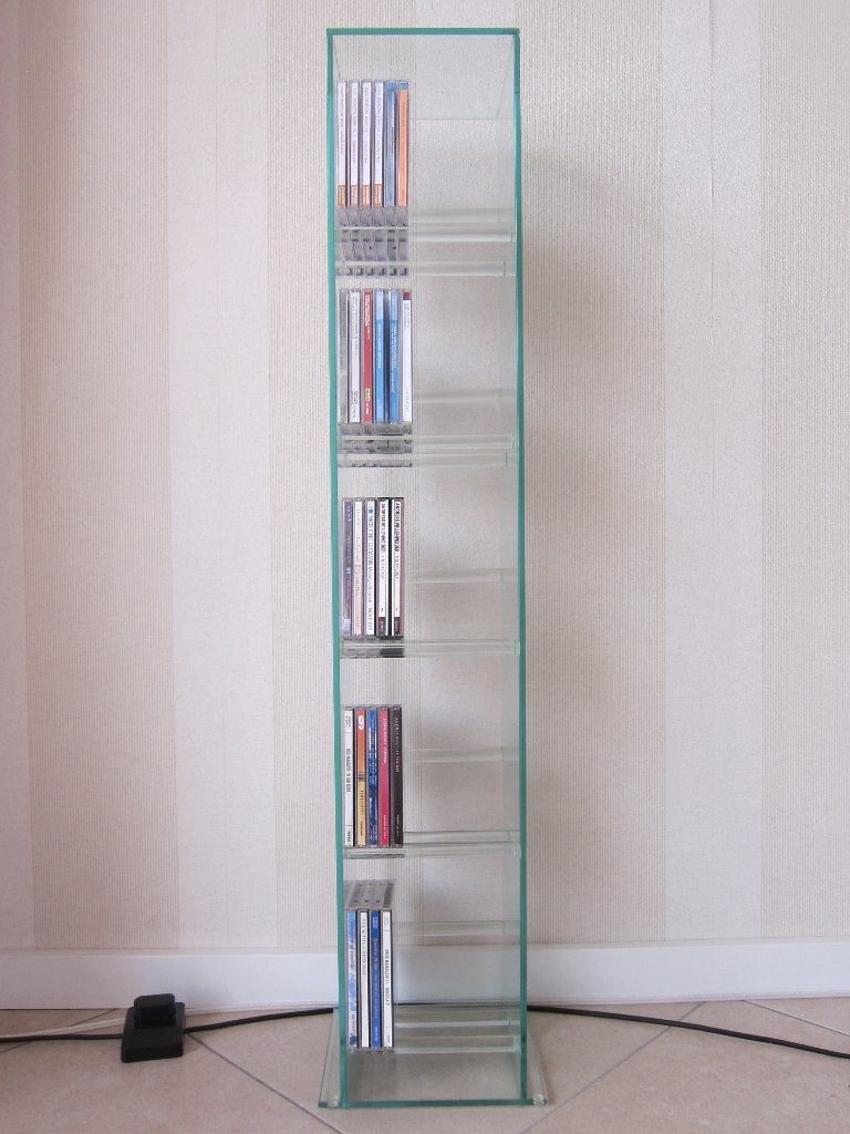 CD rek voor 70 CD's, 6 mm dik glas, 95 cm hoog, Huis en Inrichting, Woonaccessoires | Cd- en Dvd-rekken, Ophalen, 25 tot 75 discs